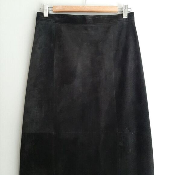 DANIER | 100% Genuine Suede Leather Maxi Long Length Skirt Back Slit Black Sz XS - Picture 2 of 16
